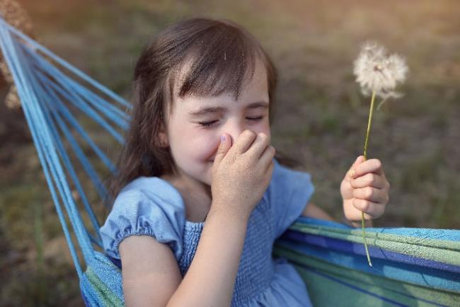 ילדה קטנה סובלת מאלרגיה לצמחים בעונת הקיץ 